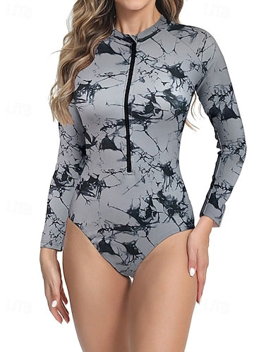 Rash Guard Print Swimsuit Bathing Suit Tropical Zip Up Ultra Light (ul) Uv Protection Elastic Long Sleeve Swimwear Surfing Snorkeling Spring