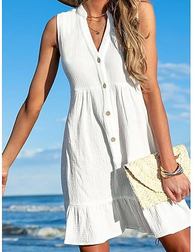 Mini Dress White Dress Beach Dress Cover Up Daily Outdoor Beach Loose Fit Plain Sleeveless V Neck White Summer Spring