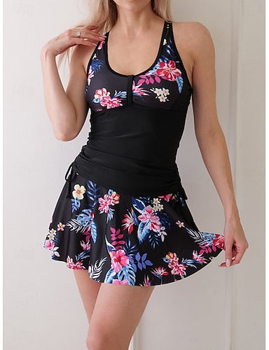 Tankini 2 Piece Swimsuit Ruched Palm Skirt Tummy Control High Waist Slim Backless Vacation Beach Wear Leaves U Neck Sleeveless Bathing Suits