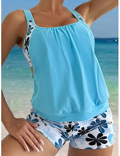 Swimwear 2 Piece High Waist Swimsuit Ruched Active Vacation Graphic U Neck Sleeveless Bathing Suits
