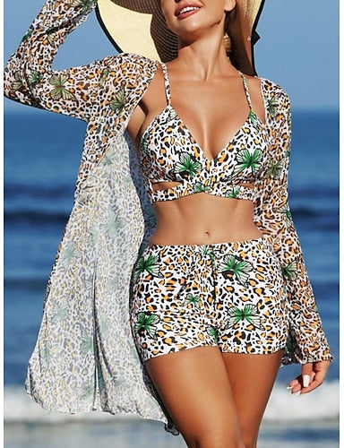 Bikini 3 Piece Swimsuit Shorts Slim Backless Vacation Beach Wear V Neck Sleeveless Bathing Suits