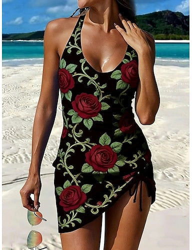 Swimwear Tankini 2 Piece Skirt Swimsuit Drawstring Halter Vacation Scoop Neck Sleeveless Bathing Suits