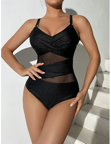 One Piece Swimsuit Slimming Cutout Monokini Mesh Tummy Control High Waist Slim Backless Vacation Beach Wear Color V Neck Sleeveless Bathing Suits