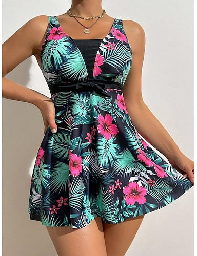 Swimwear Tankini 2 Piece Dress Swimsuit Backless Vacation Beach Wear Graphic Tropical V Neck Sleeveless Bathing Suits