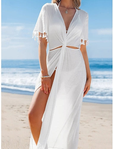 Maxi Dress White Dress Sundress Hot Daily Outdoor Beach Regular Fit Plain Short Sleeve V Neck White Summer Spring