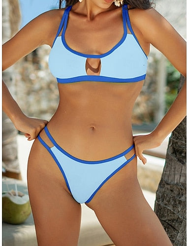 Bikini 2 Piece Swimsuit Underwire Thong Slim Backless Vacation Beach Wear Color U Neck Sleeveless Bathing Suits