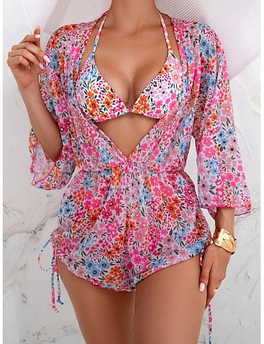 Bikini 3 Piece Swimsuit Cheeky Slim Backless Vacation Beach Wear V Neck Sleeveless Bathing Suits