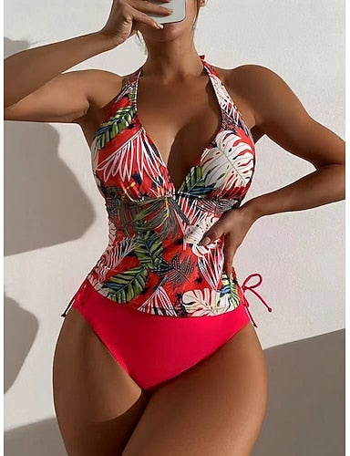 Tankini 2 Piece Swimsuit Ruched Palm Cheeky Tummy Control High Waist Slim Backless Vacation Beach Wear Leaves Halter Neck Sleeveless Bathing Suits