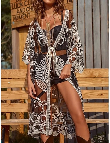 Swimwear Cover Up Swimsuit Lace Mesh Vacation Beach Wear V Neck Long Sleeve Bathing Suits