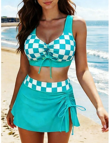 Swimwear Bikini 2 Piece Skirt Swimsuit Tummy Control High Waist Slim Backless Vacation Graphic Plaid Scoop Neck Sleeveless Bathing Suits