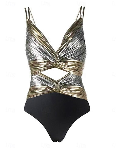 Swimwear One Piece Bikini Swimsuit Patchwork Vacation Beach Wear Color Block V Neck Sleeveless Bathing Suits