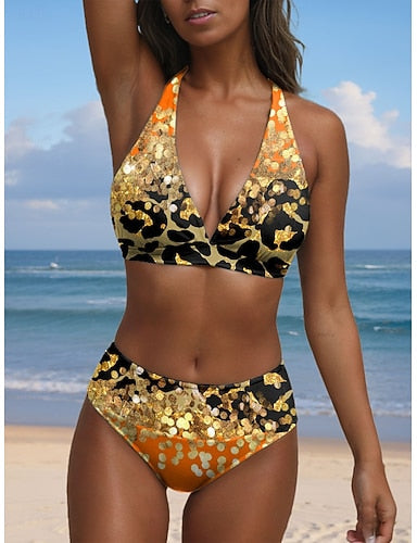 Bikini 2 Piece Swimsuit Cheeky Halter Ombre Graphic V Wire Sleeveless Bathing Suits