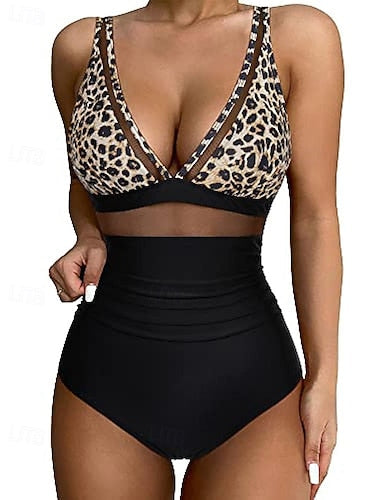 Swimwear One Piece Bikini Shorts Swimsuit Mesh Backless Vacation Beach Wear Leopard Leaves V Neck Sleeveless Bathing Suits