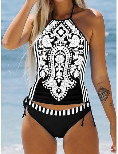 Tankini 2 Piece Swimsuit Cheeky Backless Vacation Beach Wear Paisley Halter Neck Sleeveless Bathing Suits