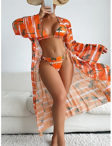 Bikini 3 Piece Swimsuit Palm Cheeky Slim Backless Vacation Beach Wear Graphic Leaves Halter Neck Sleeveless Bathing Suits