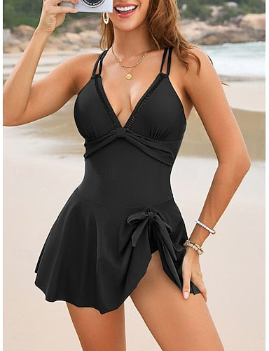 Swimwear One Piece Swim Dress Swimsuit Tummy Control High Waist Slim Backless Vacation Color V Neck Sleeveless Bathing Suits