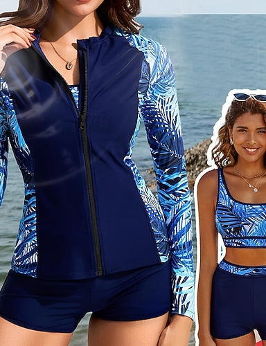 Bikini 3 Piece Swimsuit Zip Front Palm Shorts Tummy Control High Waist Slim Backless Vacation Beach Wear Round Neck Long Sleeve Bathing Suits