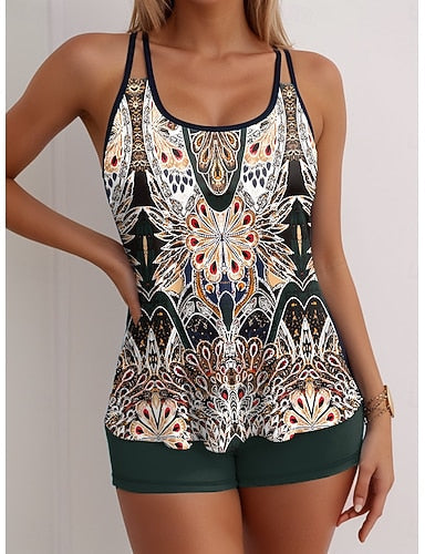 Tankini 2 Piece Swimsuit Boy Leg Backless Vacation Beach Wear Graphic U Neck Sleeveless Bathing Suits