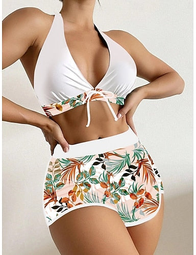 Bikini 2 Piece Swimsuit Palm Shorts Backless Slim Vacation Beach Wear Halter Neck Sleeveless Bathing Suits