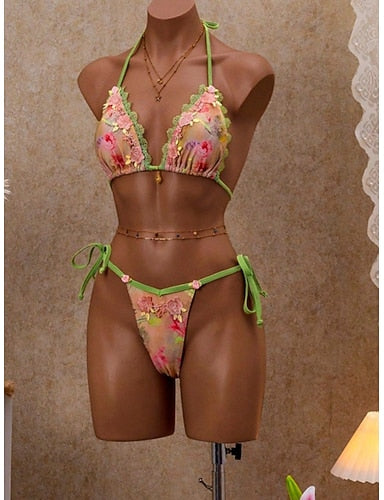 Swimwear Bikini 2 Piece Thong Swimsuit Slim Backless Vacation Beach Wear Halter Neck Sleeveless Bathing Suits