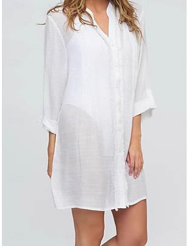 Mini Dress White Dress Beach Dress Cover Up Classic Daily Office Beach Loose Fit Plain 3/4 Length Sleeve Crew Neck White Summer Spring