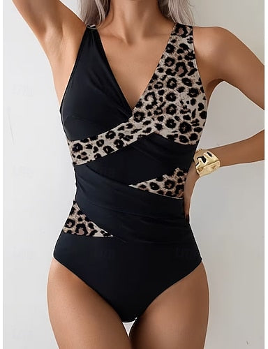 Swimwear One Piece Monokini Briefs Swimsuit Tummy Control High Waist Slim Backless Vacation Graphic Leopard V Neck Sleeveless Bathing Suits