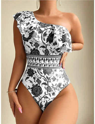 Swimwear One Piece Monokini Swimsuit Ruffle Tummy Control High Waist Slim Backless Vacation Asymmetric Neck Sleeveless Bathing Suits