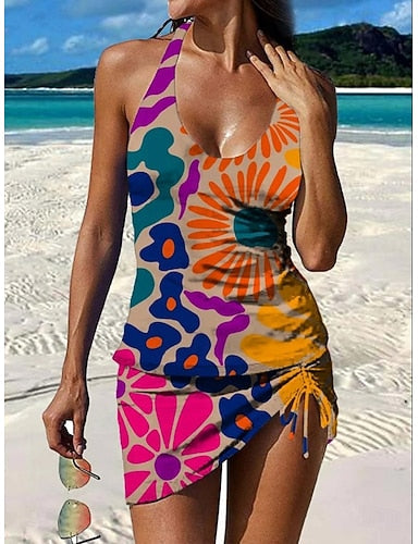 Swimwear One Piece Skirt Swimsuit Vacation Graphic Sleeveless Bathing Suits
