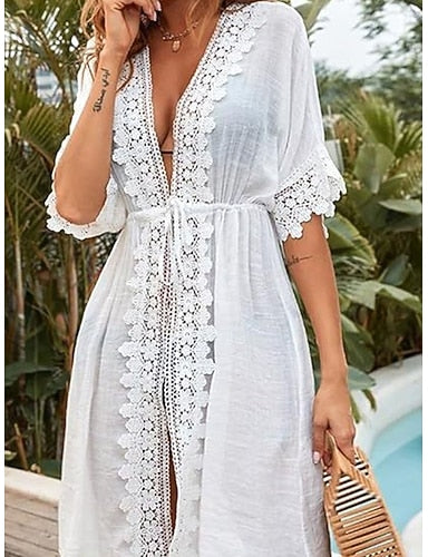 Mini Dress White Dress Beach Dress Cover Up Classic Daily Outdoor Beach Loose Fit Plain Half Sleeve V Neck White Summer Spring
