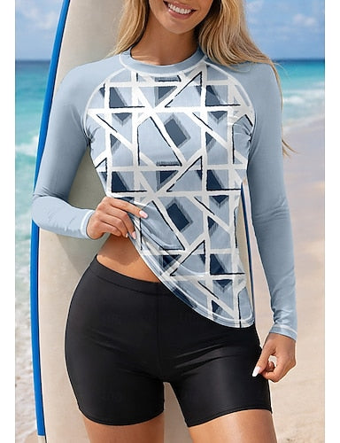 Standard Rash Guard Swimsuit Rash Guard Tankini Swimsuits Geometric Color-blocking 2 Piece Removable Pad Boyleg Uv Sun Protection Upf50+ Elastic Long Sleeve Swimwear Sun Shirt Surfing
