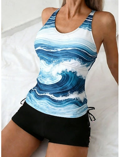 Swimwear Tankini 2 Piece High Waist Swimsuit Tummy Control High Waist Slim Backless Vacation Beach Wear Ombre U Neck Sleeveless Bathing Suits