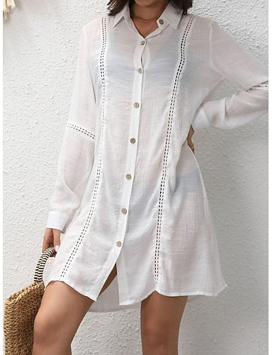 Mini Dress White Dress Beach Dress Shirt Dress Cover Up Classic Daily Outdoor Beach Loose Fit Plain Long Sleeve Shirt Collar White Summer Spring