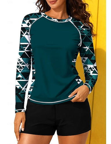 Regular Rash Guard Swimsuit Rash Guard Tankini Swimsuits Geometric Abstract Color-blocking 2 Piece Removable Pad Boyleg Uv Sun Protection Upf50+ Elastic Long Sleeve Swimwear Sun Shirt Surfing