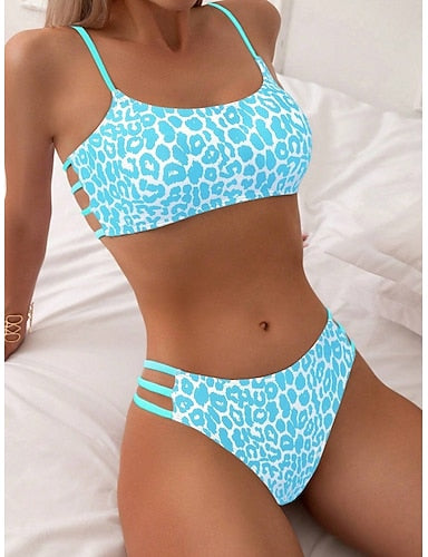 Bikini 2 Piece Swimsuit Leopard Cheeky Backless Slim Vacation Beach Wear Scoop Neck Sleeveless Bathing Suits