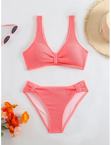 Bikini 2 Piece Swimsuit Ruched Underwire Cheeky Slim Backless Vacation Beach Wear Color V Neck Sleeveless Bathing Suits