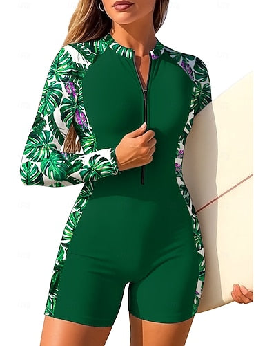 Standard Rash Guard One Piece Surfing Suit Bathing Suit Tropical Color-blocking Zip Up With Built in Bra Removable Pad Uv Sun Protection Upf50+ Ultra Light (ul) Long Sleeve Swimwear