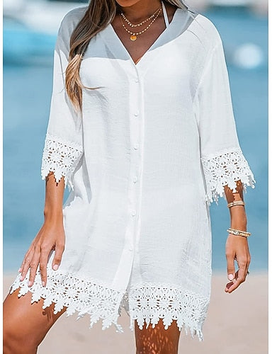 Swimwear Cover Up Swim Dress Dress Swimsuit Patchwork Buttons Vacation Beach Wear Plain V Neck Short Sleeves Bathing Suits