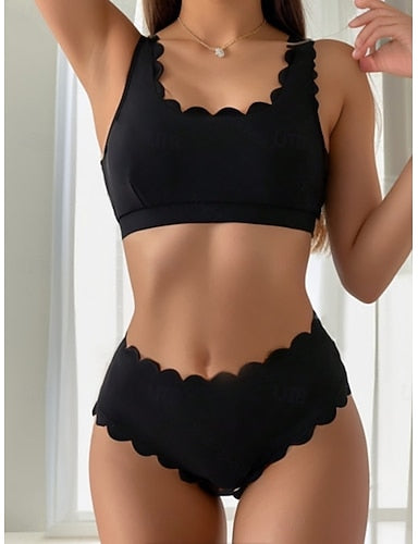 Bikini 2 Piece Swimsuit Cheeky Slim Backless Vacation Beach Wear Color U Neck Sleeveless Bathing Suits