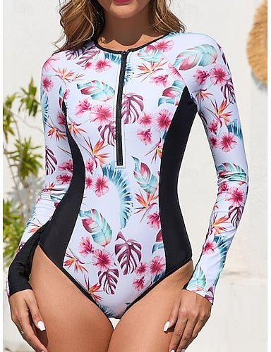 Swimwear One Piece Monokini Swimsuit Tummy Control High Waist Slim Vacation Beach Wear Round Neck Long Sleeve Bathing Suits