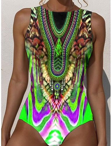 One Piece Swimsuit Slimming Monokini Briefs Tummy Control High Waist Slim Backless Vacation Beach Wear Graphic Round Neck Sleeveless Bathing Suits