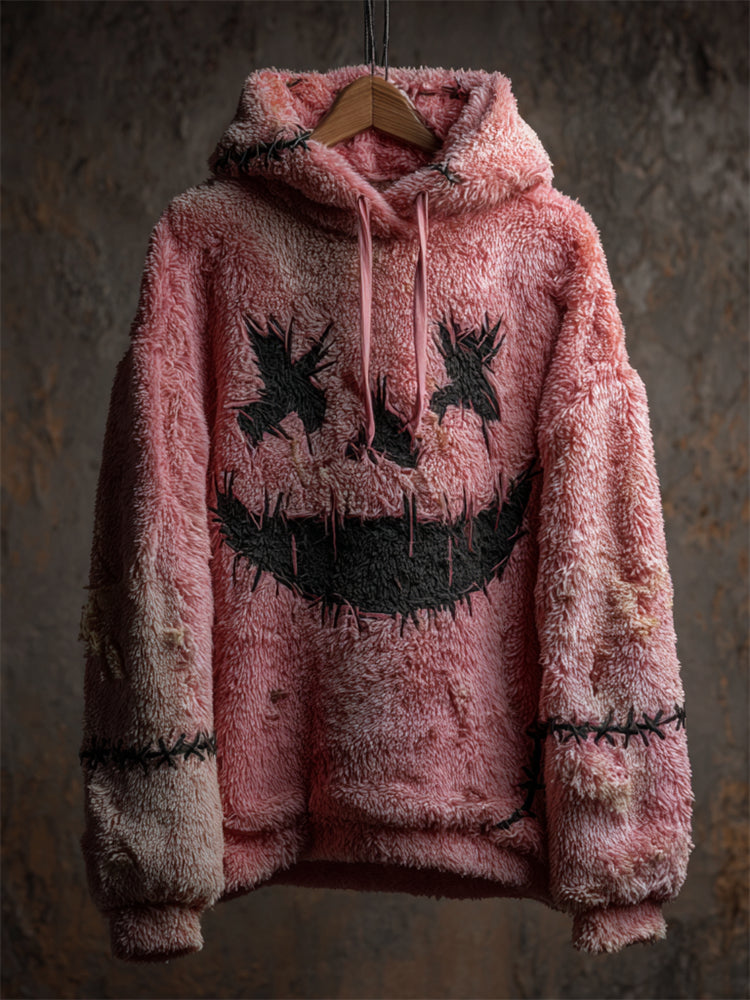 Comstylish Halloween Monster Face Stitched Cozy Fuzzy Plush Hoodie