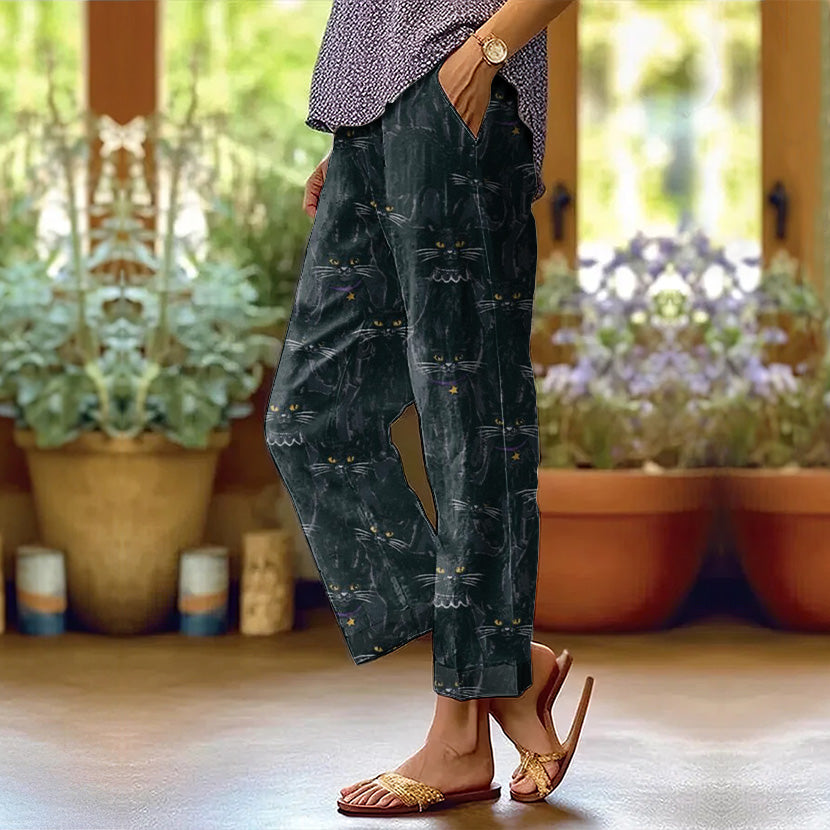 Black Cat Print Women's Casual Pants elevenforest