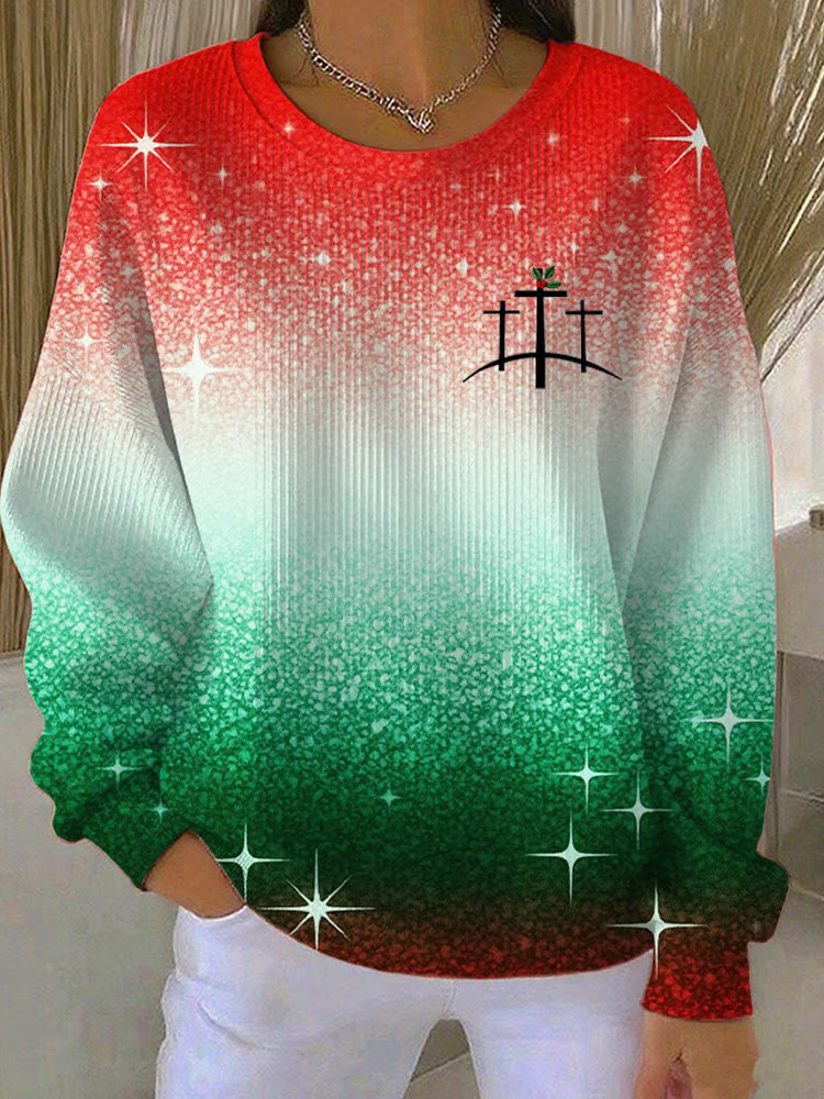 Comstylish Women's Christmas-themed Knit Crew Neck Long-sleeve Top With Faith Print
