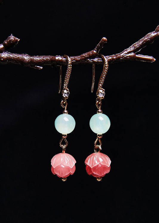 Stylish Pink Flower Zircon Jade Drop Earrings