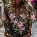 Women's Vintage Romantic Pink Rose Embroidery Art Comfy Linen Shirts artswardrobe