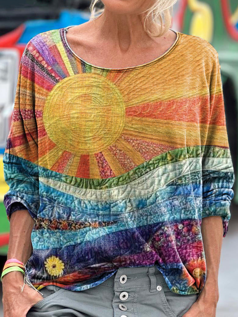 Sun Abstract Patchwork Vintage Art Women's Art Print Casual Long Sleev