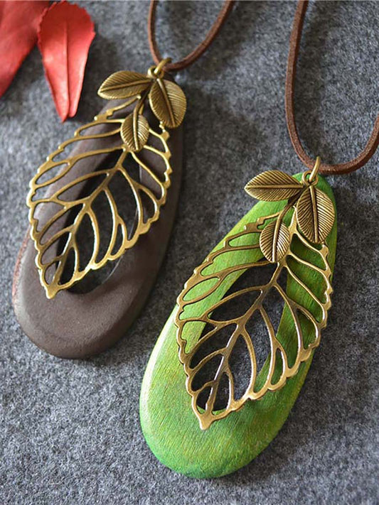 Artsy Hollow Out Metal Leaf Oval Wool Necklace At1058