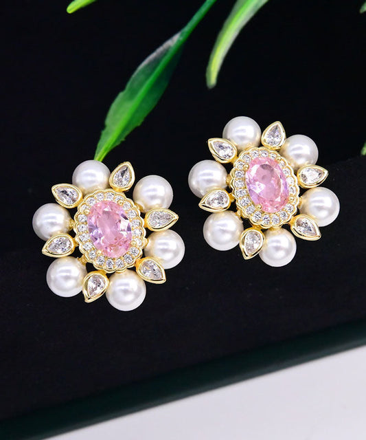 Pink Sterling Silver Crystal Pearl Zircon Stud Earrings