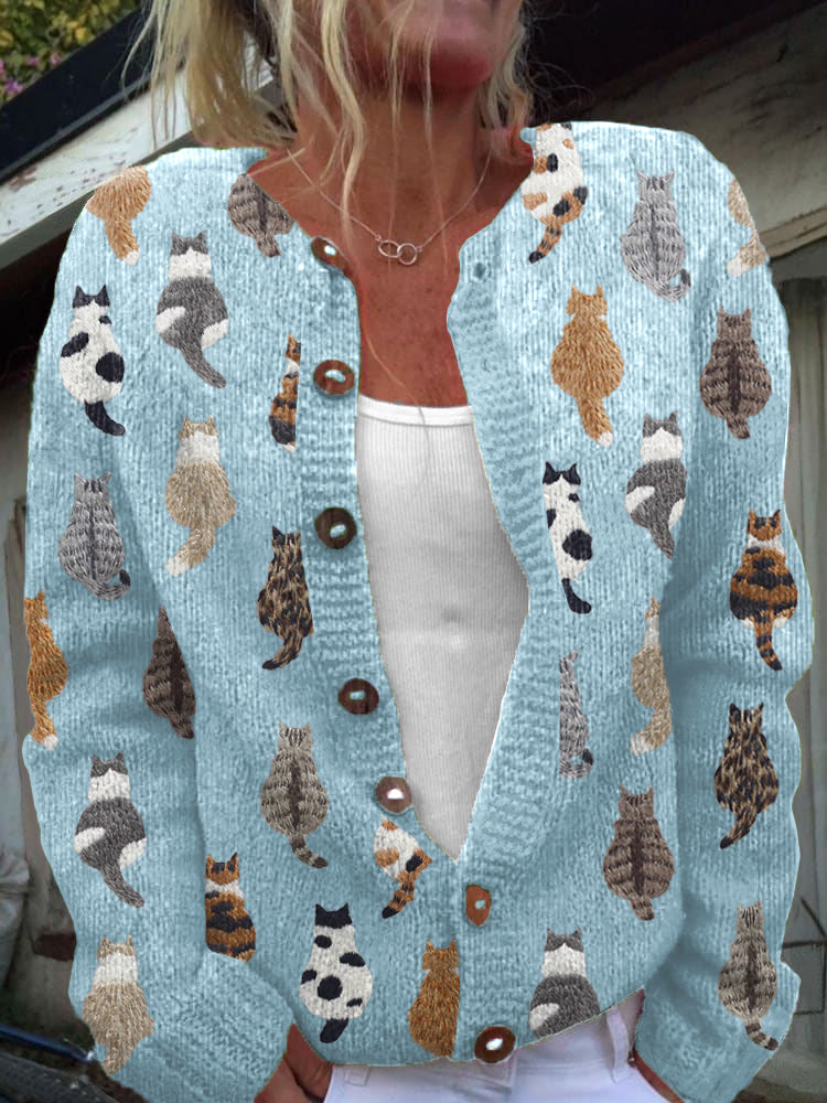 Cute Cats Embroidery Pattern Cozy Knit Cardigan elevenforest