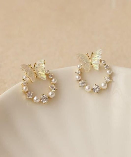Art White Copper Overgild Pearl Butterfly Hoop Earrings